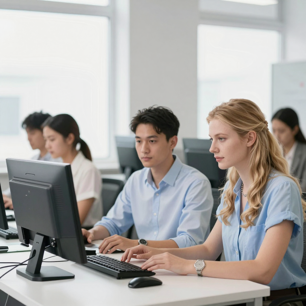 diverse group of young journalists working with a mentor in a newsroom