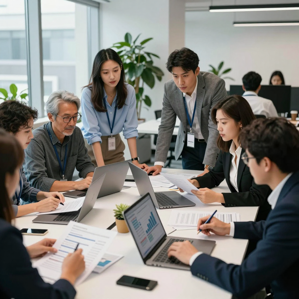 Diverse professionals collaborating and reviewing a grant proposal around a conference table