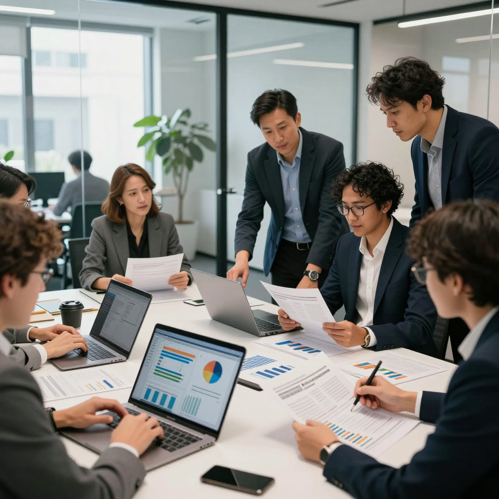 A group of diverse professionals collaborating on a grant proposal and reviewing funding opportunities for an innovative 2026 project