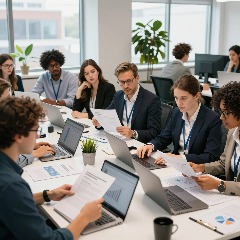 A grant proposal team in 2026 examining a printed checklist of project evaluation criteria with laptops, documents, and a calendar marking key application deadlines.