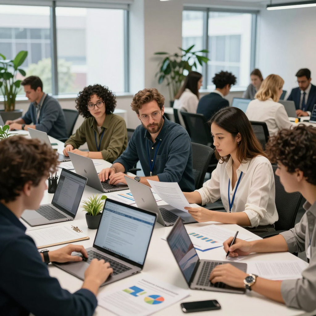 A 2026 community team celebrating approval of their grant proposal with a handshake and documents in a modern meeting room