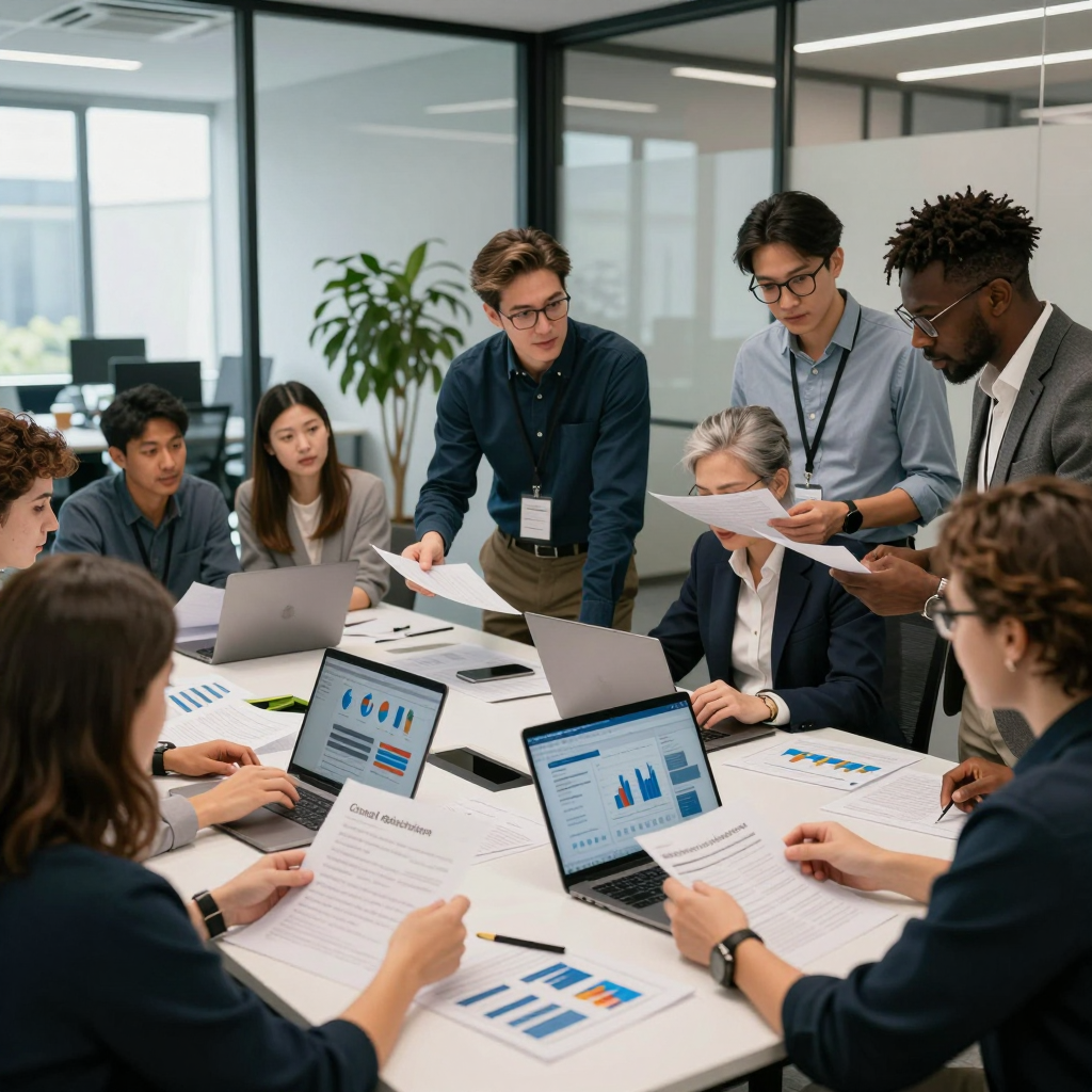 Diverse team of social entrepreneurs discussing international grant opportunities for social enterprises in a modern office with world maps
