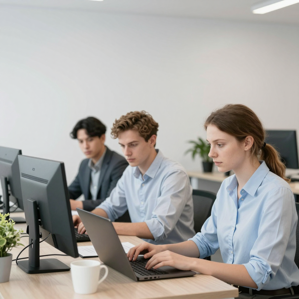 International grant seekers from Brazil researching global funding calls and opportunities in a modern office setting with world maps and laptops