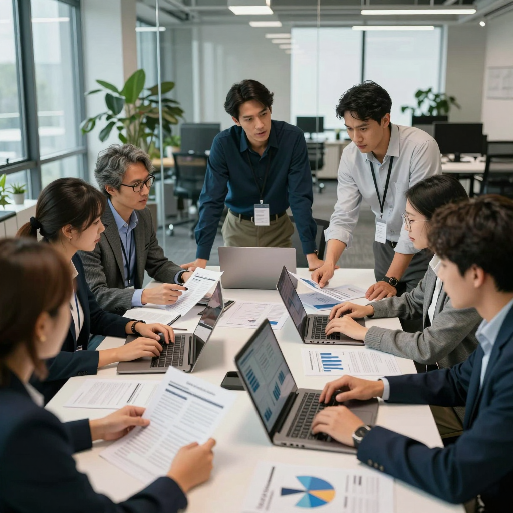 Group of Brazilian nonprofit professionals using laptops and documents to map international grant editais in a collaborative workspace in 2026.