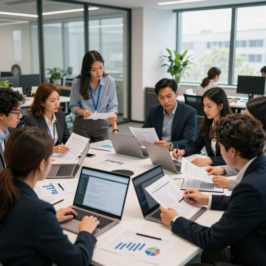 A table covered with neatly arranged documents, spreadsheets, and a laptop, symbolizing the organized preparation needed for a successful 2026 grant application