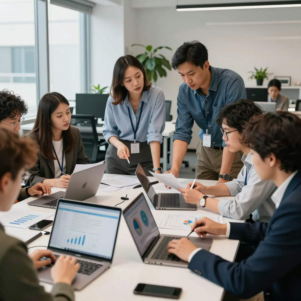 Nonprofit leaders in 2026 examining digital grant reporting dashboards and financial statements during a collaborative strategy session