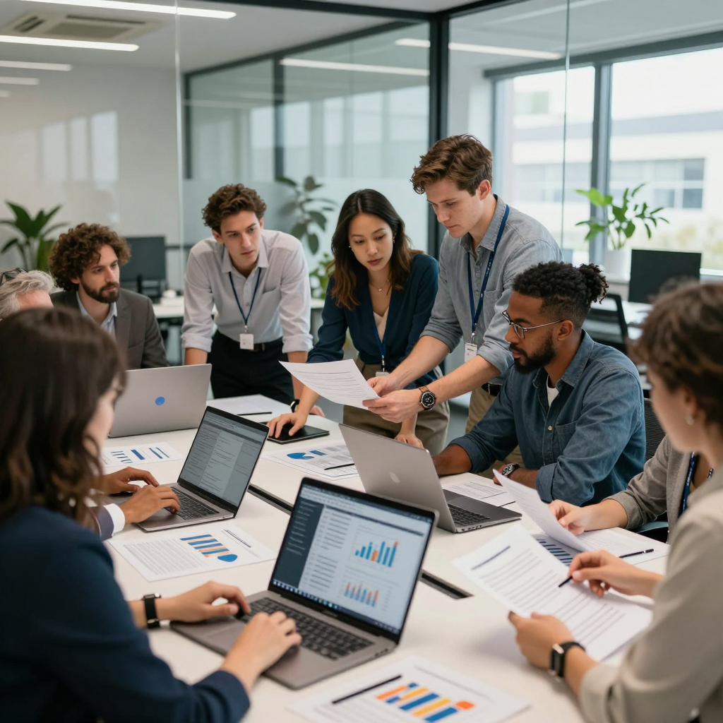A group of small business owners from diverse industries collaborating at a table, reviewing 2026 grant application documents and online grant databases