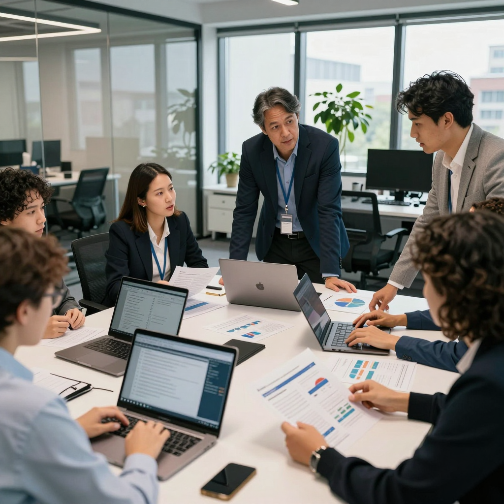 Nonprofit professionals in 2026 collaboratively analyzing grant reporting dashboards on large screens and tablets, reviewing metrics and outcomes together