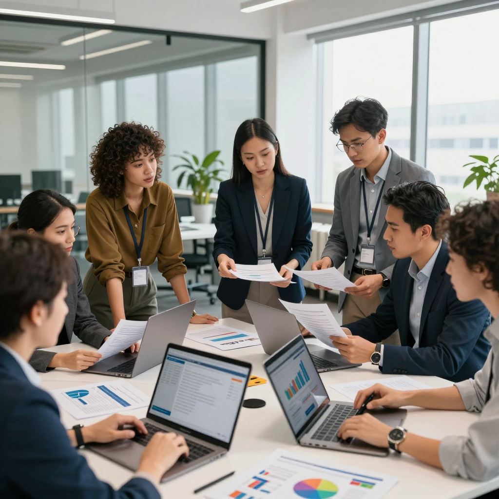 A professional team in 2026 verifying a completed grant report with financial documents and compliance checklists