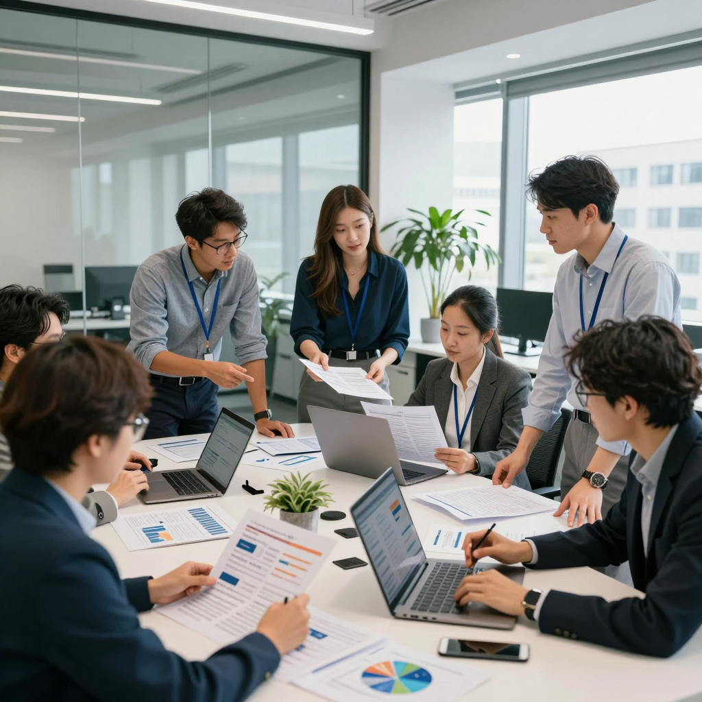 Project manager team reviewing a sustainable grant management workflow for a long-term project in 2026