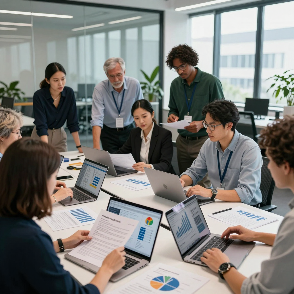 A collaborative team of nonprofit and business leaders brainstorming together for a 2026 grant proposal in a modern, well-lit office