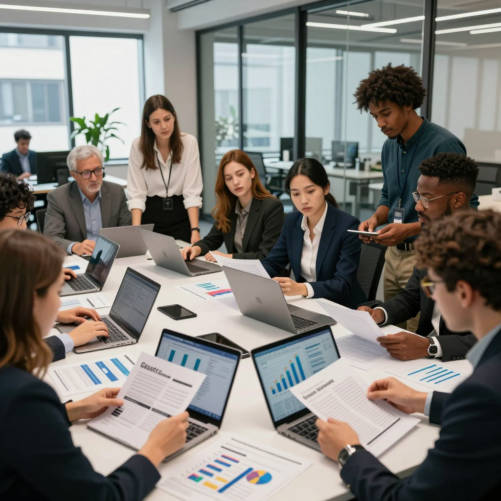Two nonprofit team members use a laptop and grant directory printouts to search for and strategize about lesser-known grants in an office in 2026