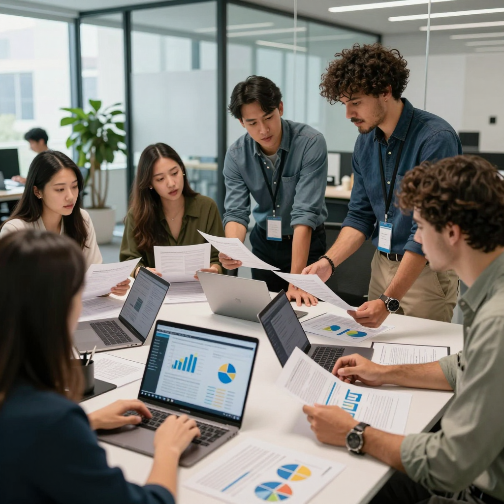 A nonprofit team reviewing colorful charts and impact data on laptops and visual dashboards, preparing a standout 2026 grant application