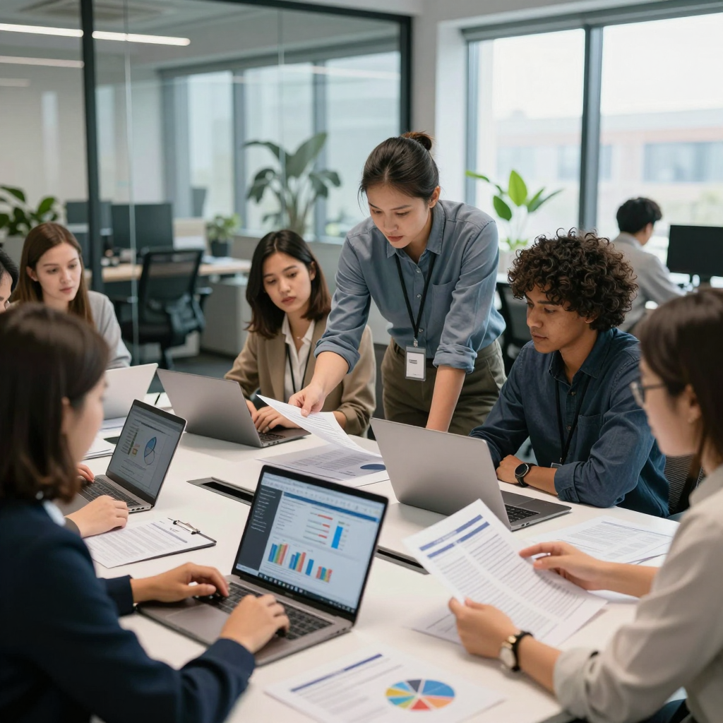 Diverse international research team collaborating on an innovative grant-funded project in a modern research lab in 2026.