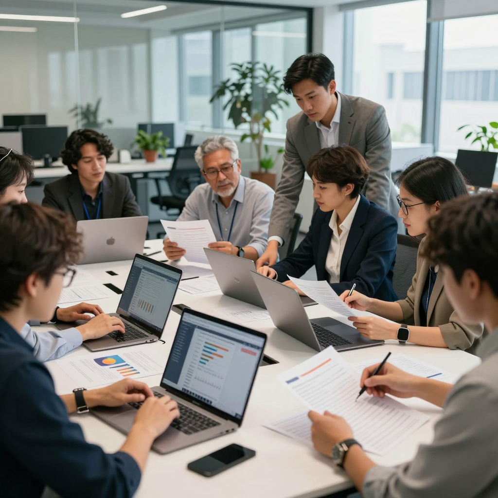 A social enterprise team collaboratively reviewing a 2026 grant application roadmap, highlighting deliberate steps for international grant navigation