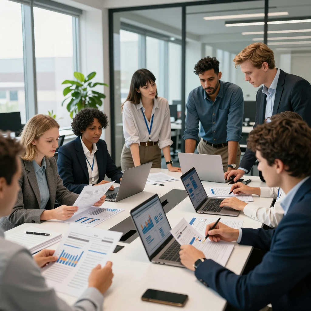 A diverse team of tech startup founders assembling a grant application package on laptops and reviewing documents in a contemporary workspace in 2026