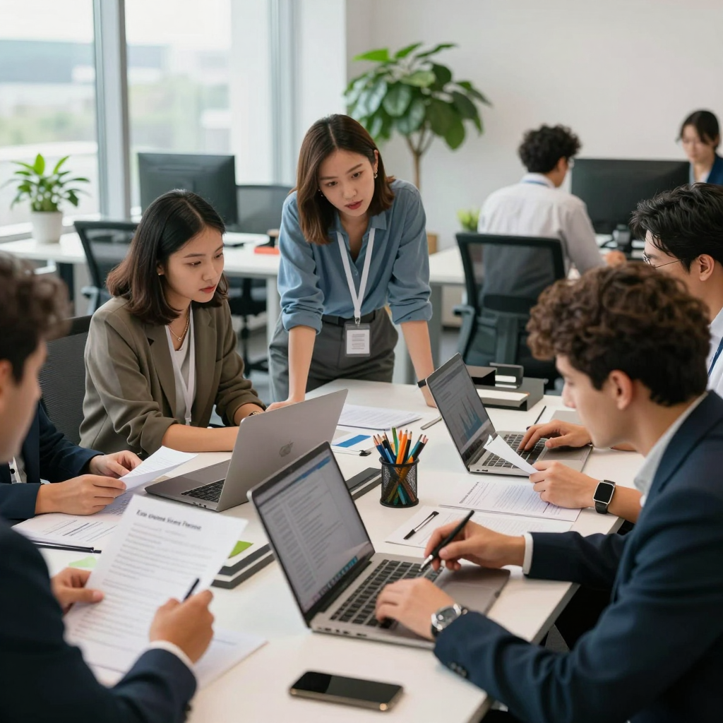 Close-up of a diverse team reviewing a grant application checklist and essential supporting documents for 2026 on a large desk