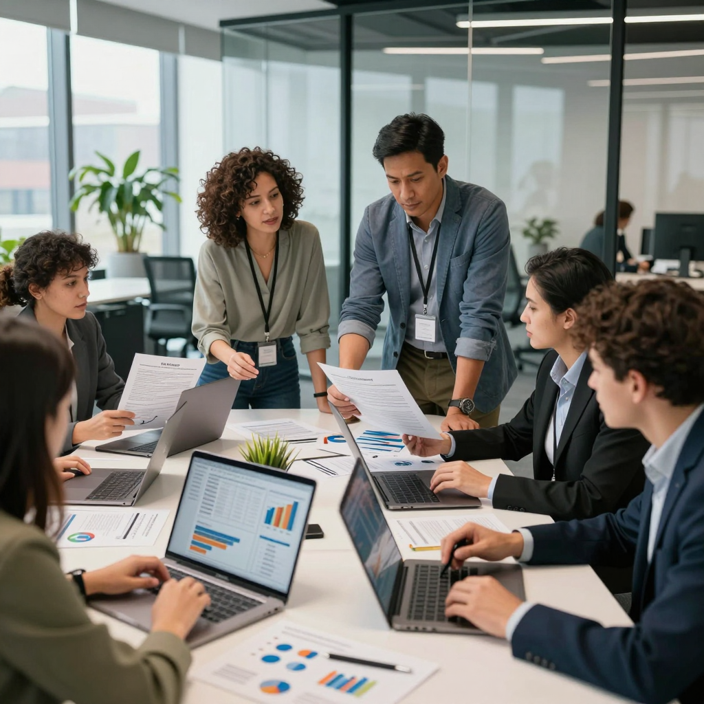A diverse group of technology entrepreneurs collaborating on a technology innovation grant proposal with application checklists and digital tools in 2026