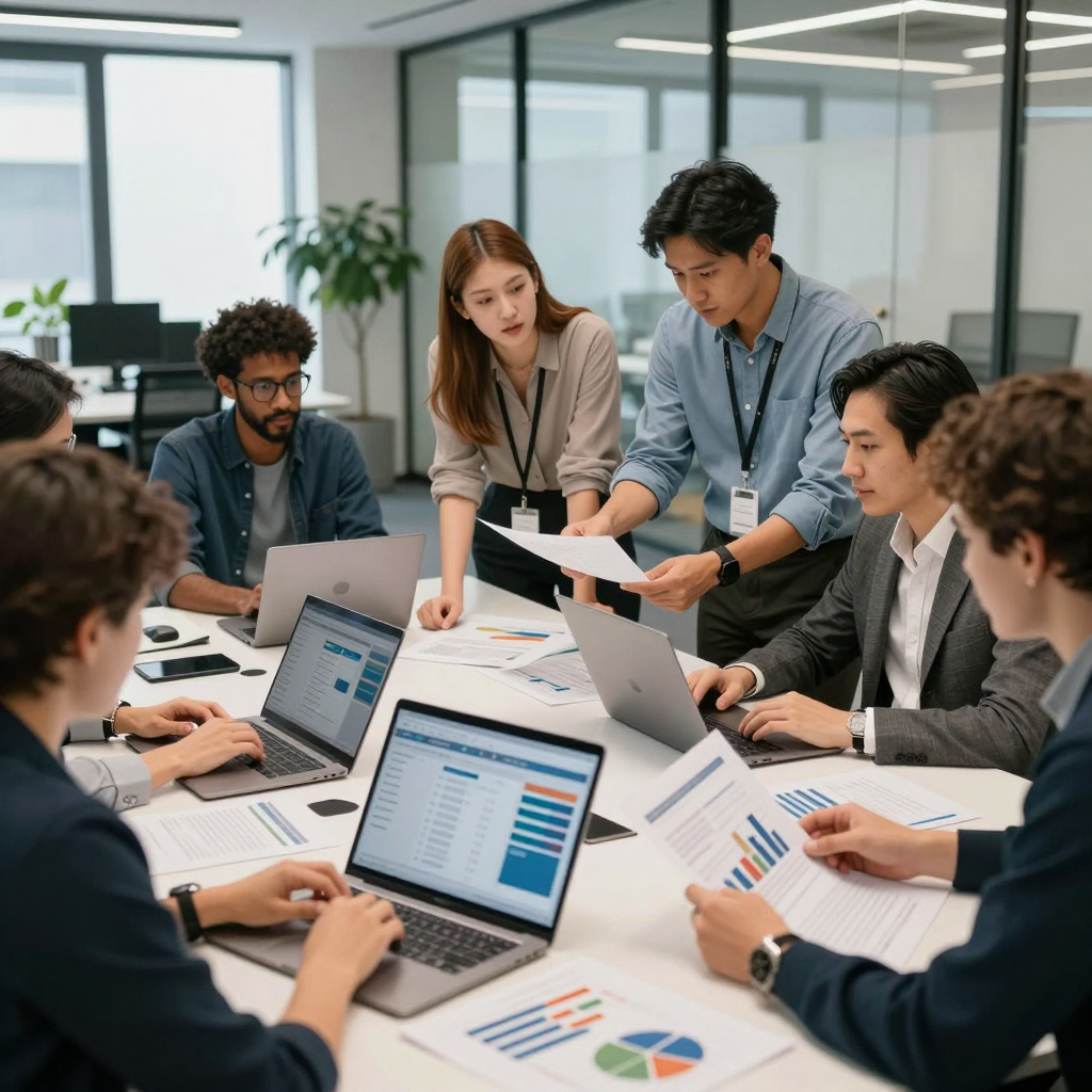 A nonprofit team in 2026 analyzes a grant agreement, reviewing terms, reporting requirements, and performance metrics around a conference table
