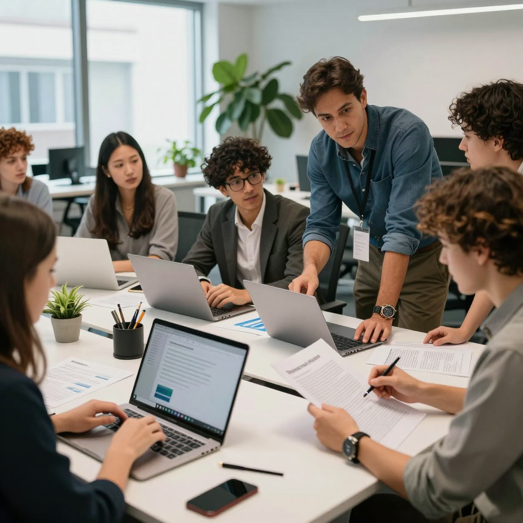 Grant proposal team in 2026 collaborating over project documents and a laptop to finalize a standout competitive application