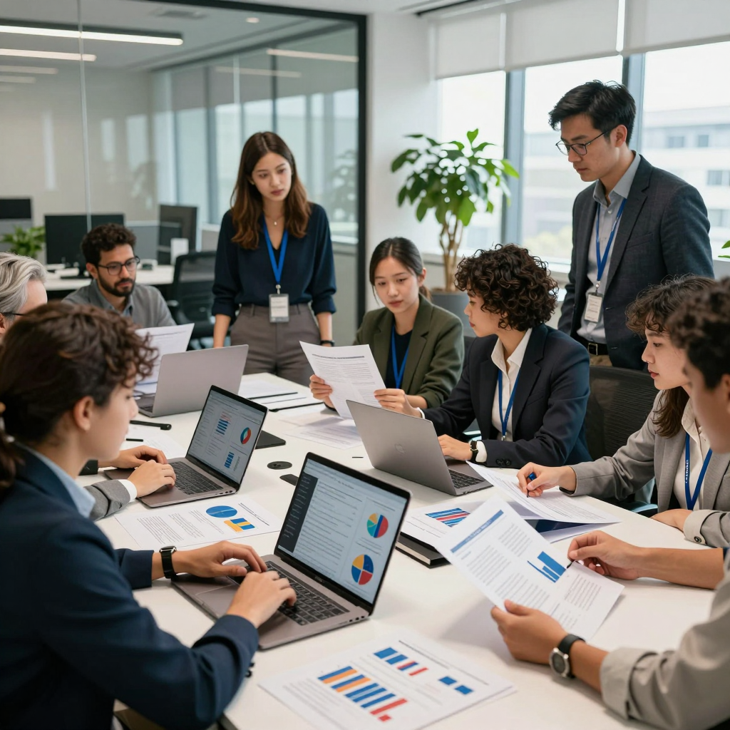 Nonprofit executive and grantmaker engaged in a collaborative discussion with project plans and reports on the table during a 2026 meeting, illustrating the foundation of sustained funding relationships.
