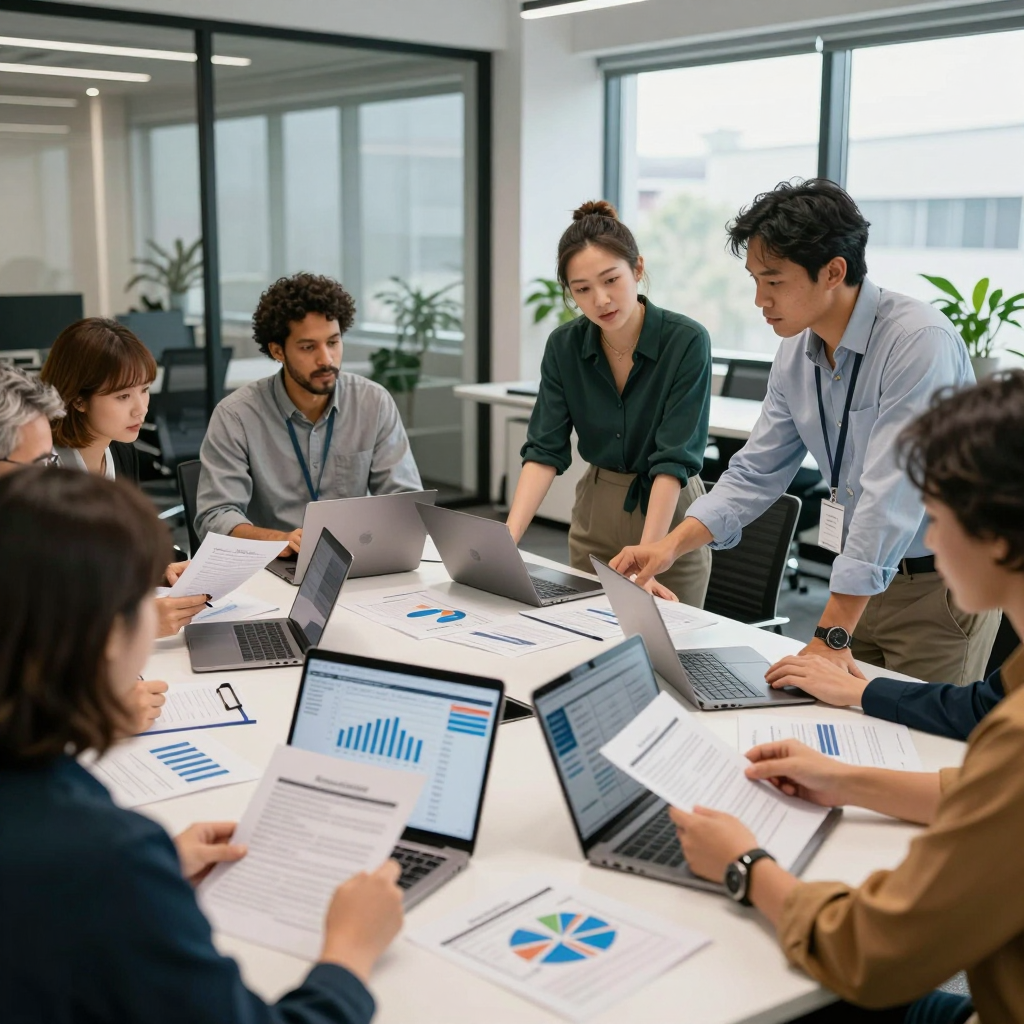 A team of professionals in 2026 collaborating to write a standout grant proposal with laptops, notes, and grant application guidelines