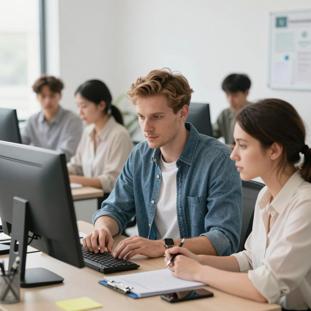 Students of diverse backgrounds checking their 2026 educational grant eligibility criteria on laptop computers in a college resource center