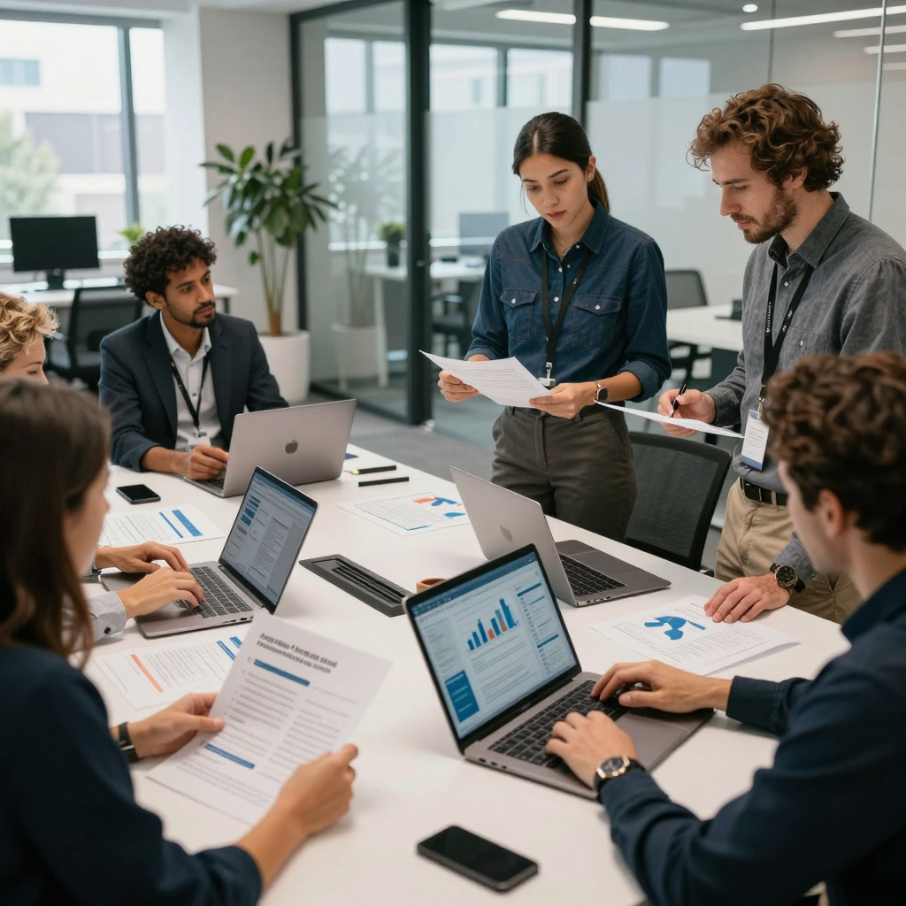 A high-resolution photo of a team of professionals reviewing a grant application together to avoid mistakes in 2026