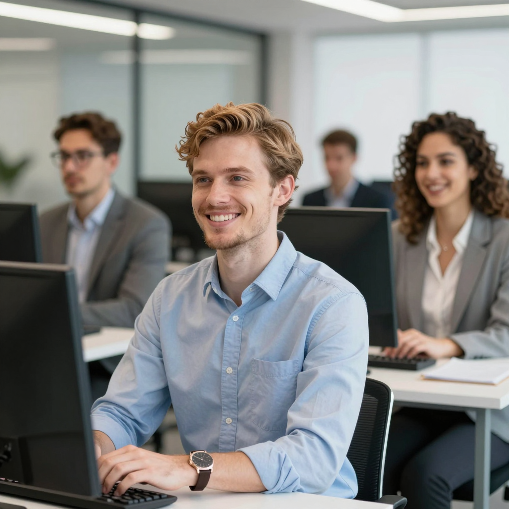 A busy nonprofit office workspace in 2026 with staff examining multiple grant files, compliance binders, and budget spreadsheets on large monitors.