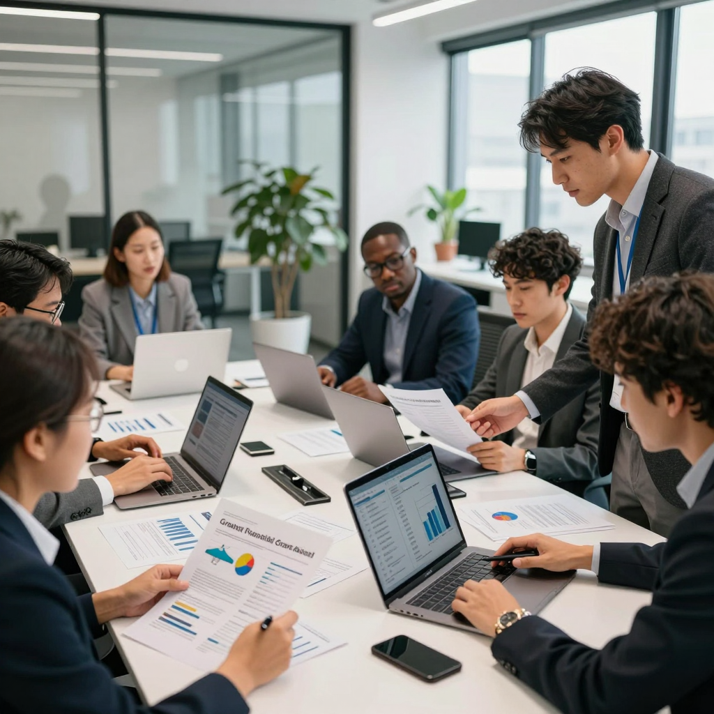 A nonprofit team collaboratively building a 2026 grant proposal with digital tools, data visualizations, and partnership documents