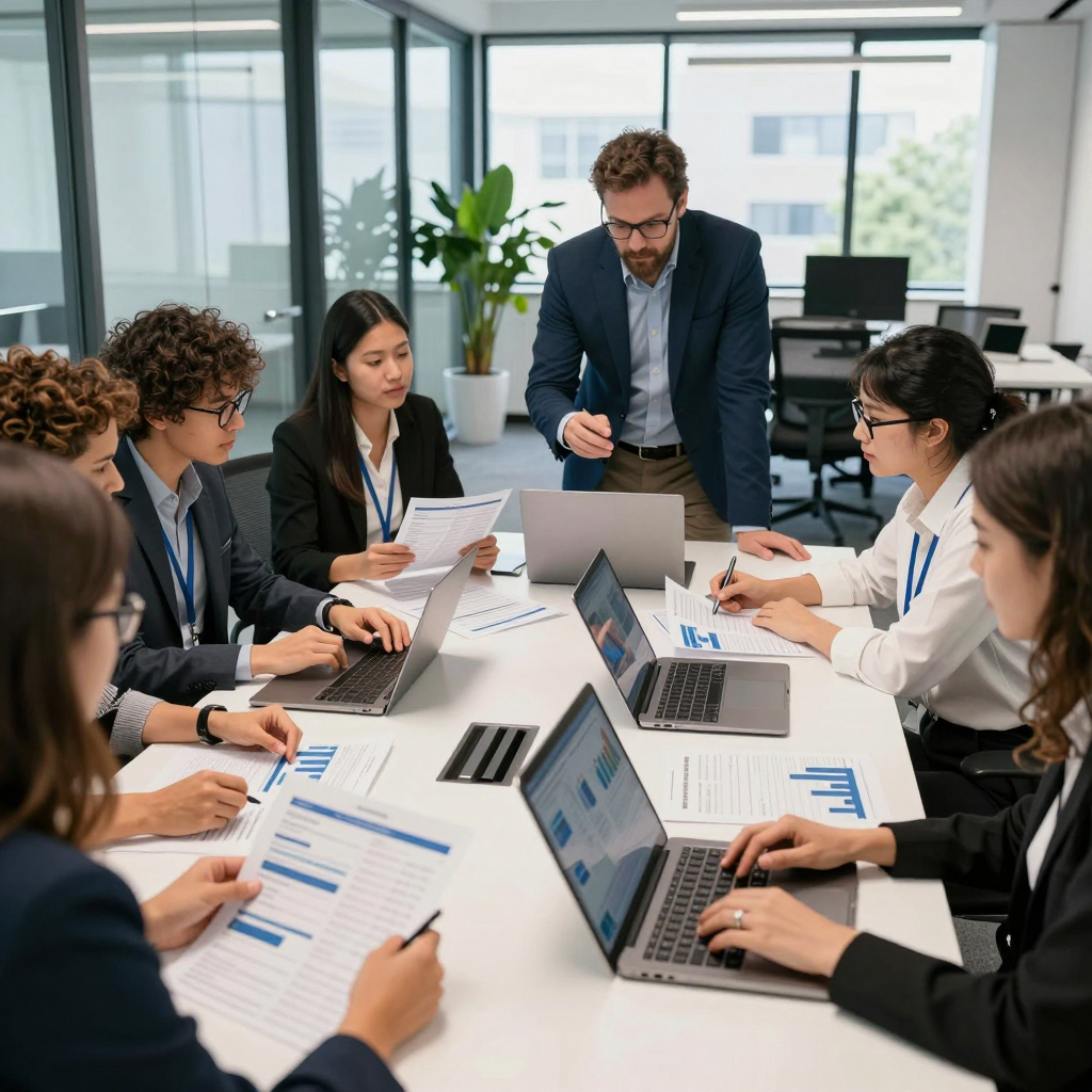 A funding expert guiding an applicant through the professional grant application process in 2026 with charts and application forms