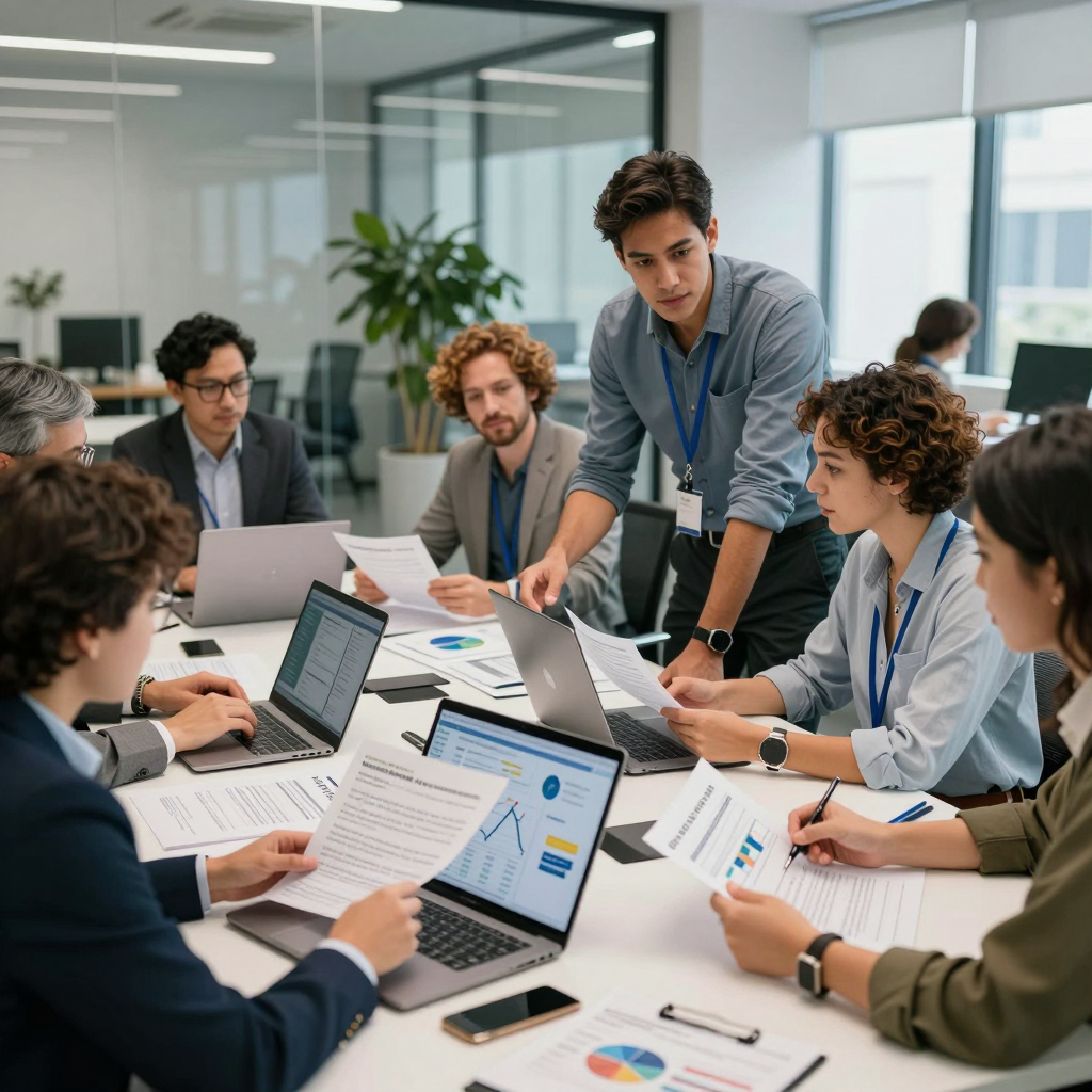 A 2026 project manager and finance team collaborating at a large desk, analyzing a digital post-award grant budget with compliance documents and laptops