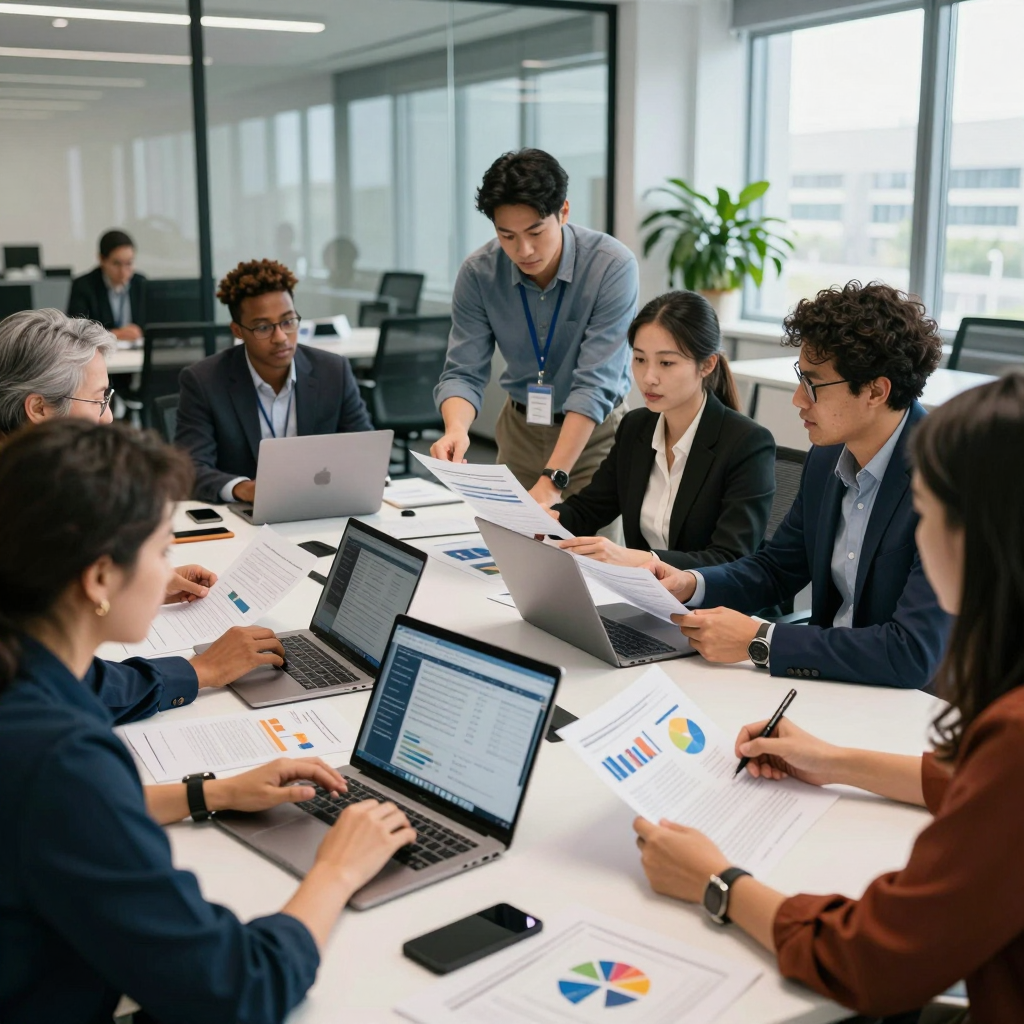 A nonprofit team collaborating on tracking and reporting grant outcomes using a digital dashboard in 2026
