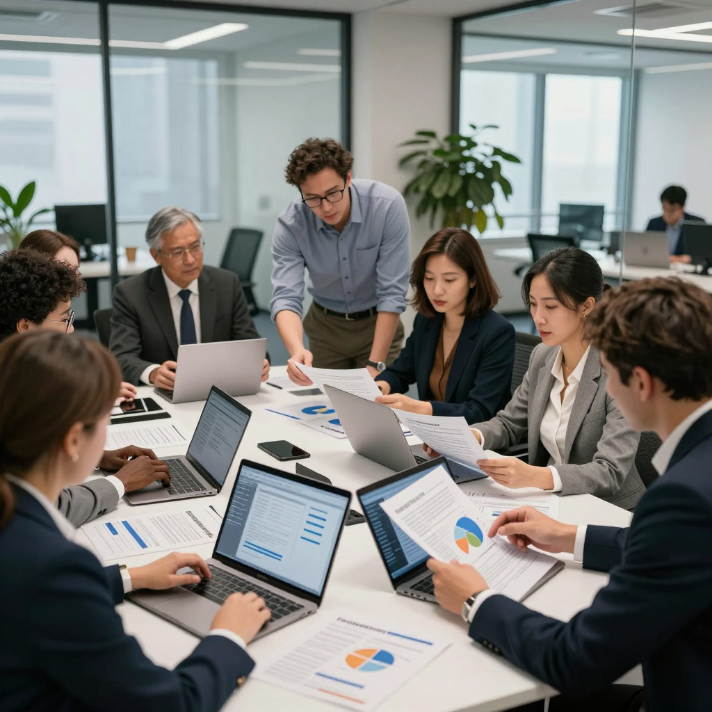 Illustration of professionals collaborating on a 2026 grant budget spreadsheet with highlighted justifications and approved stamps