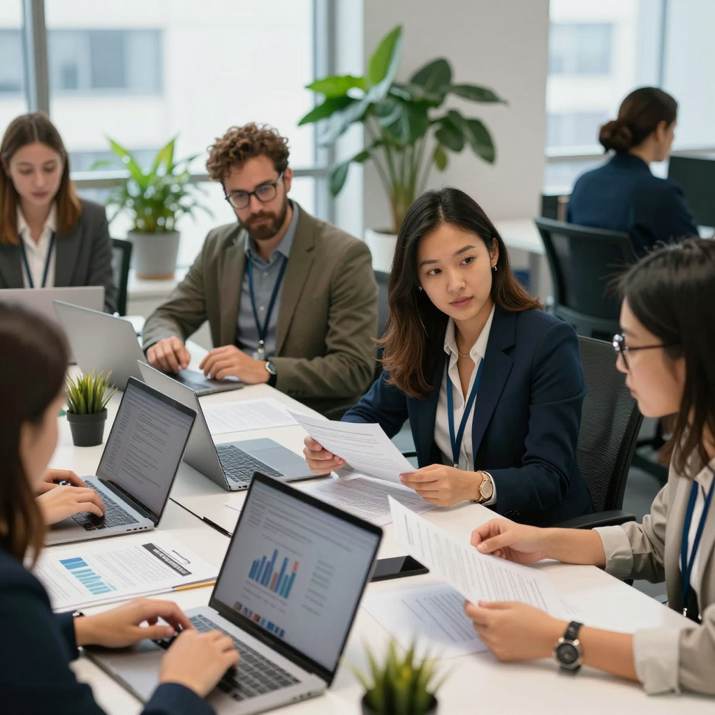 A group of diverse professionals collaborating on sector-specific grant applications for education, health, and innovation projects in 2026