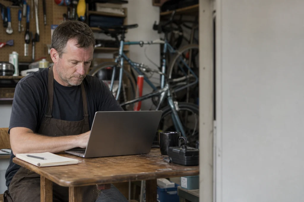 bicycle repair shop owner reading funding information at his workshop desk