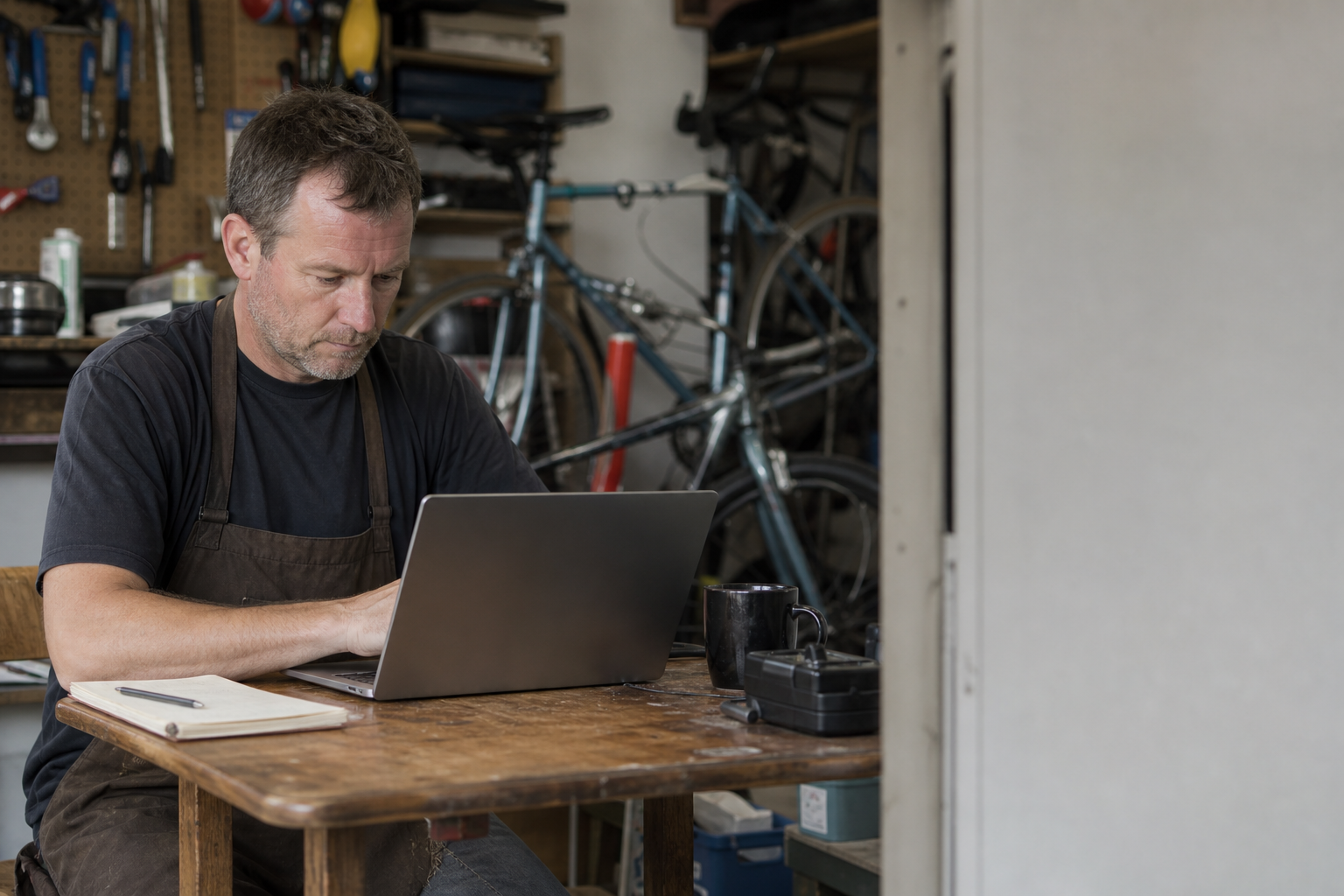 Bicycle repair shop owner reading funding information at his workshop desk