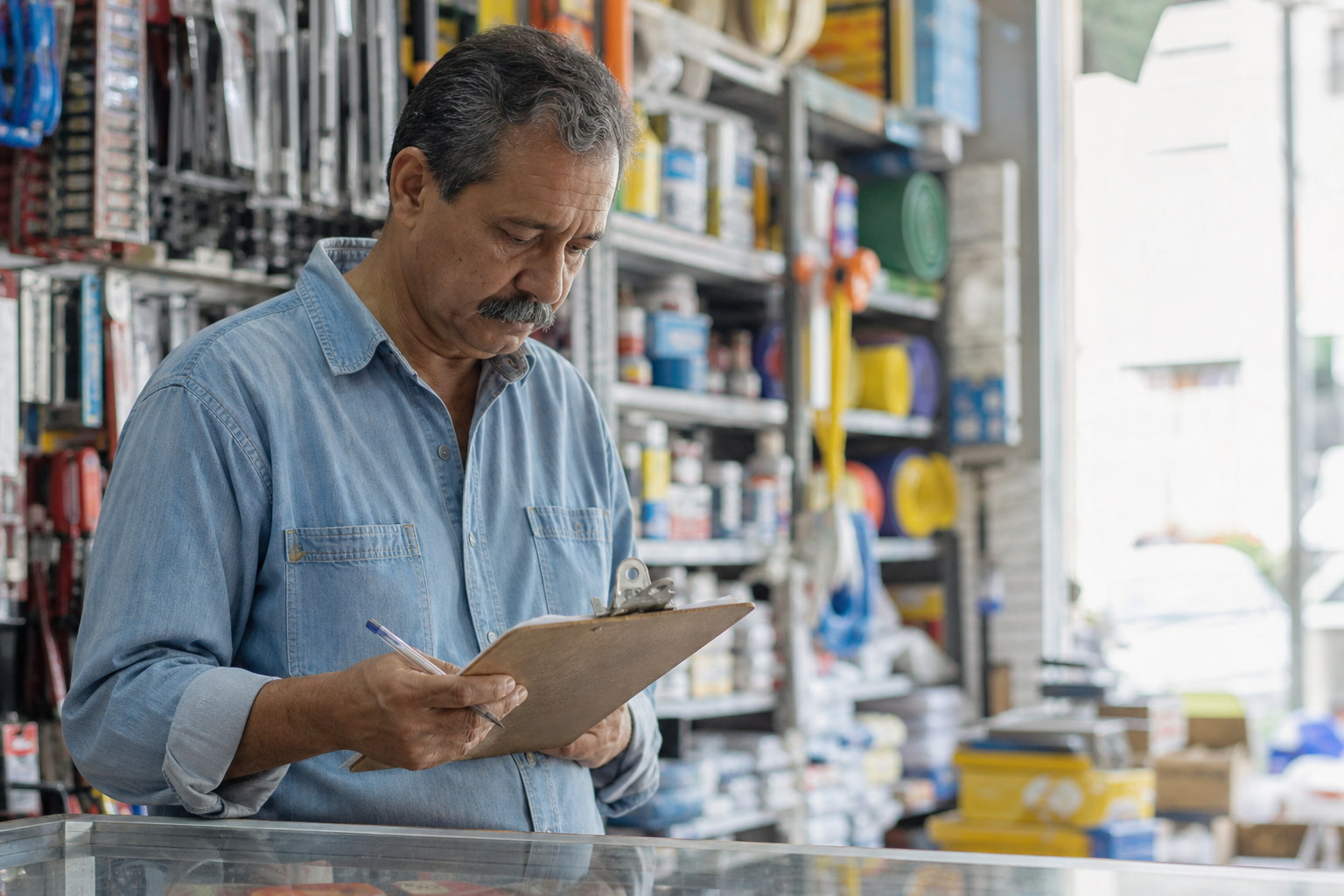 Small hardware store owner reviewing loan paperwork behind his shop counter