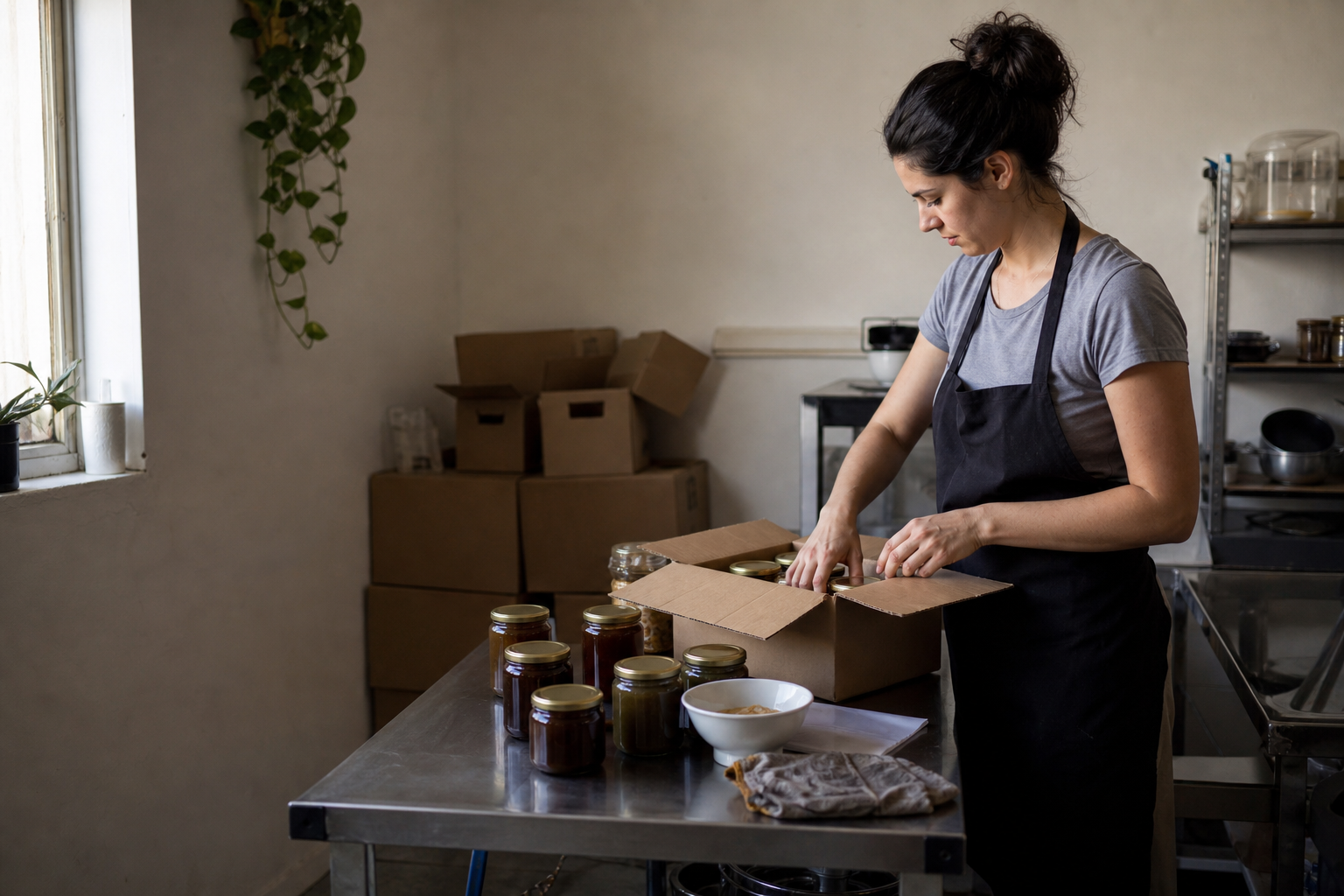 Small food business owner packing jars of product in her rented kitchen unit