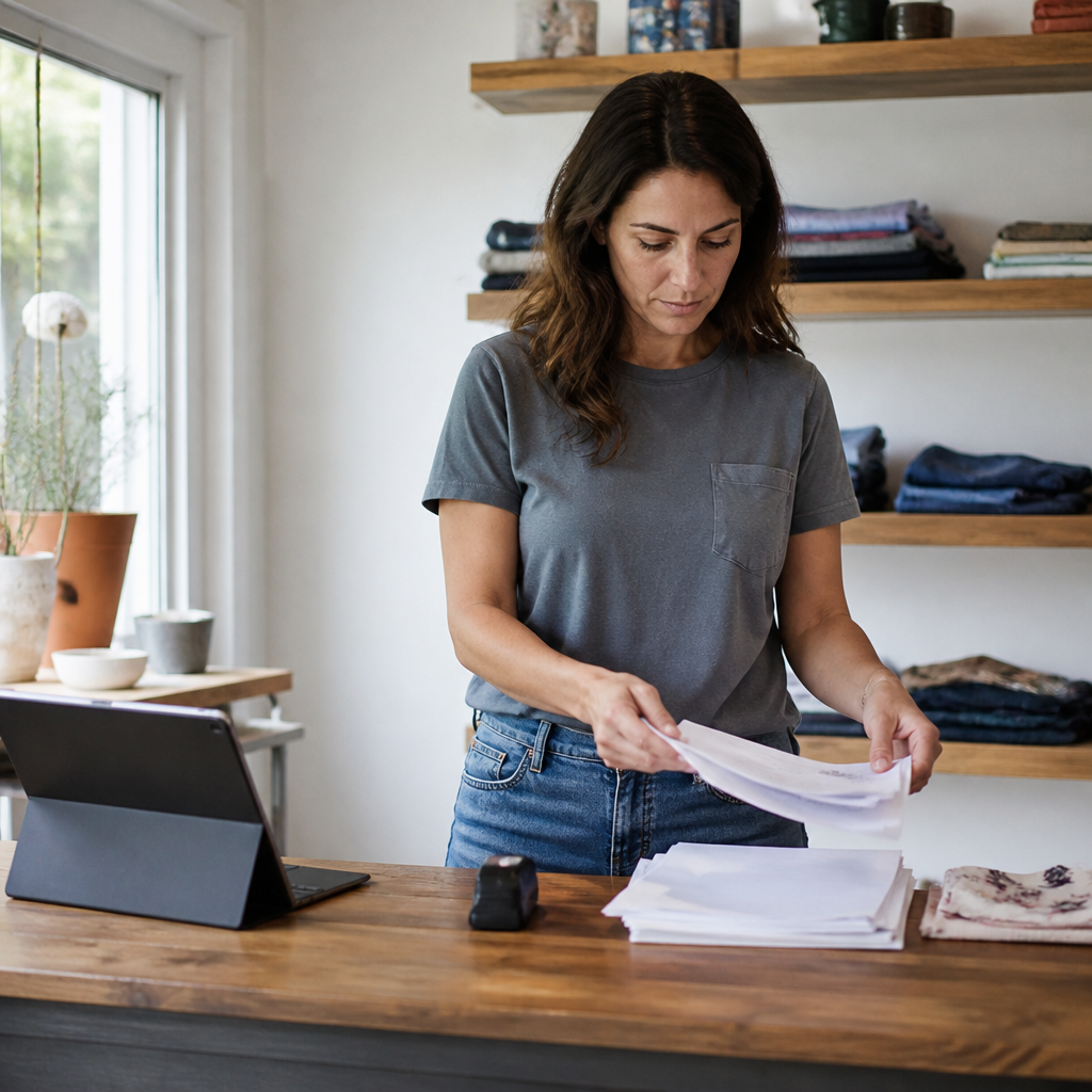 Woman shop owner going through grant application forms at her counter