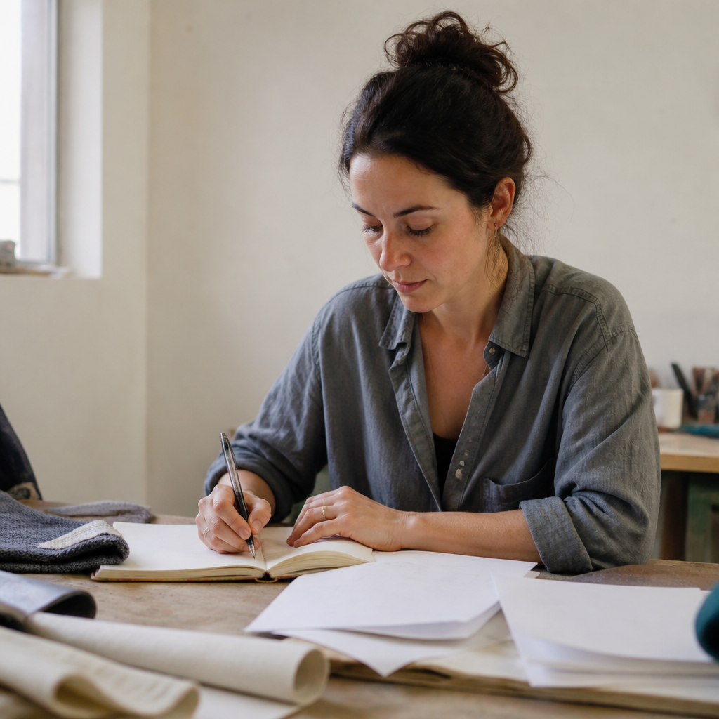 Woman-owned business owner working through funding paperwork at her workshop table