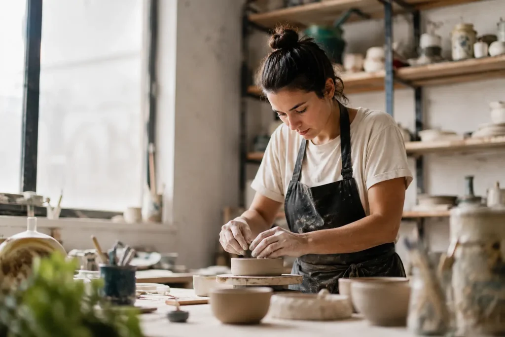 woman working in her small business pottery workshop, natural light, funding options for women-owned businesses