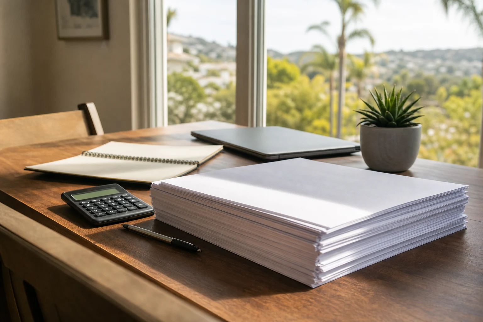 study desk with application paperwork, calculator and notebook by a sunny California window