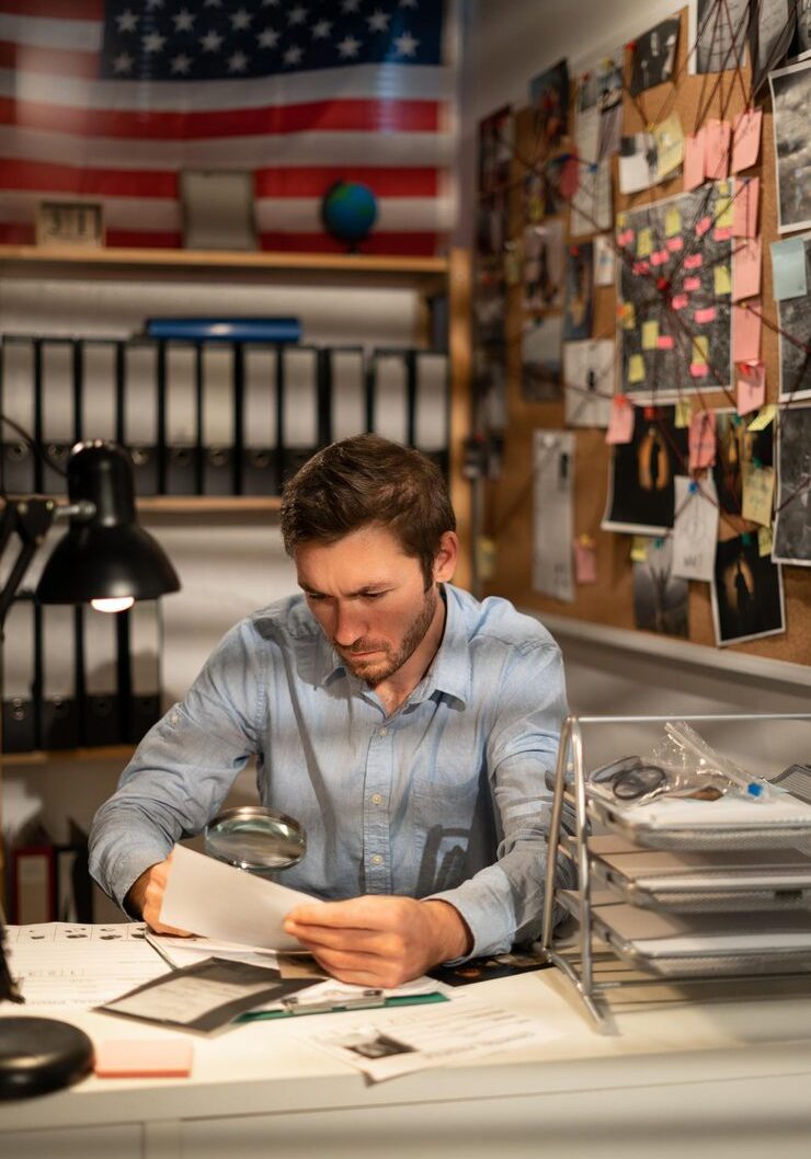 detective-holding-magnifying-glass-looking-crime-scene-photos-map-working-his-office_275234-8211